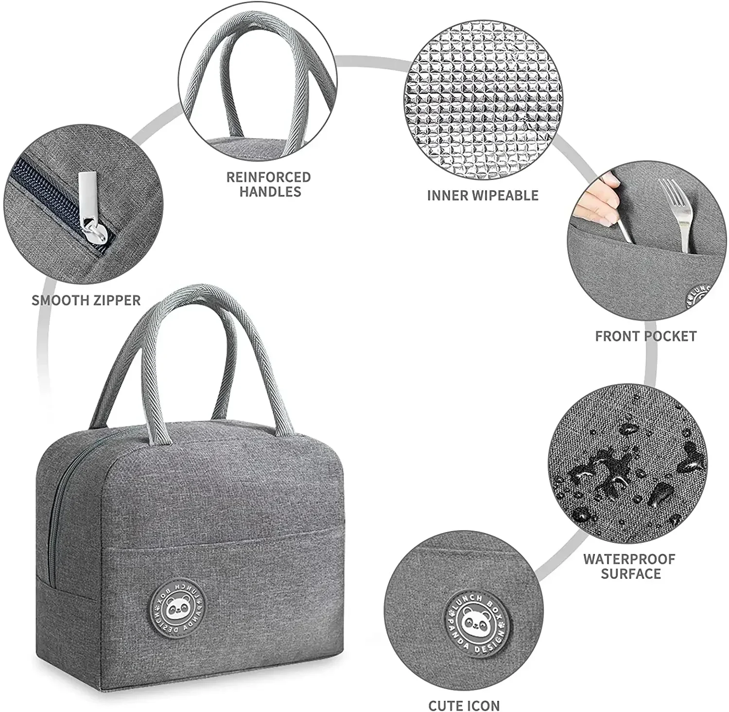 Fiambrera bolsa térmica Color gris bolsillo lindo dulce bolso de moda bolsa de almacenamiento de alimentos conveniente niños guirnalda serie de impresión de letras