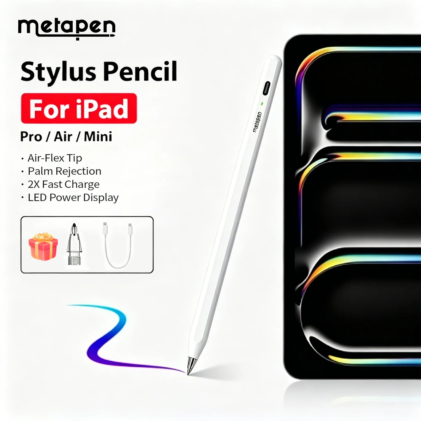 MetaPen Air-Flex Air8 Pro for iPad Pencil 2018-2026, Palm Rejection Stylus for iPad A16/11/10/9/8/7/6th, M5 Air 3/4/5 Mini 5/6th