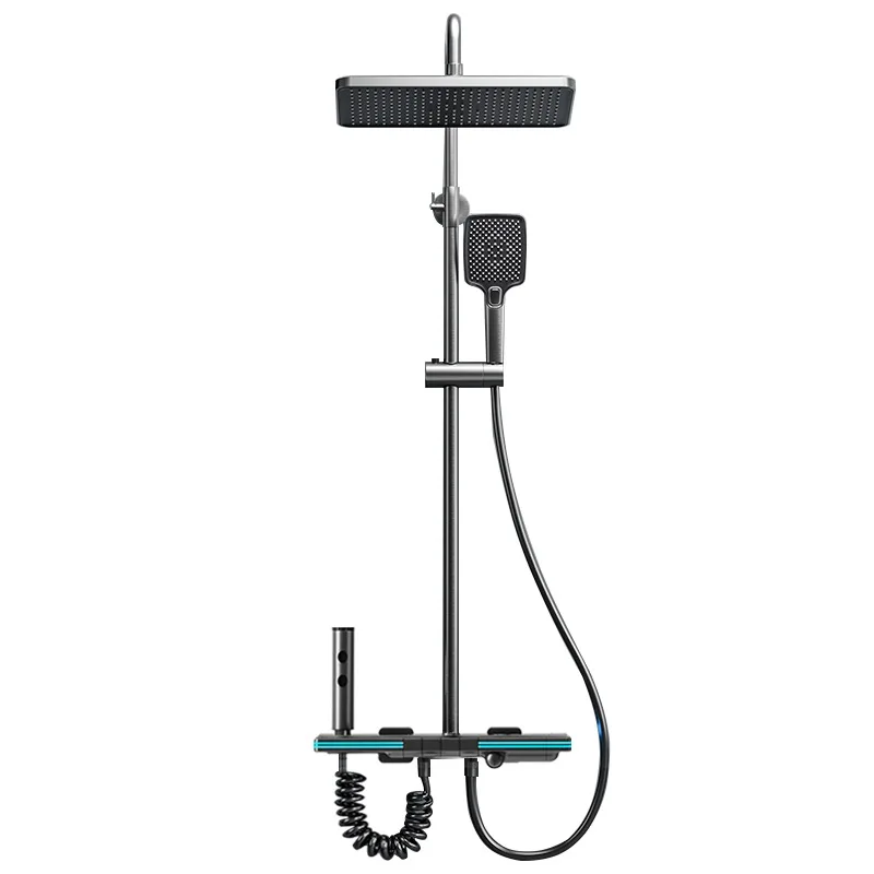 

Newly upgraded double-strip ambient light thermostatic shower set, household gun gray milk brass piano key shower set.
