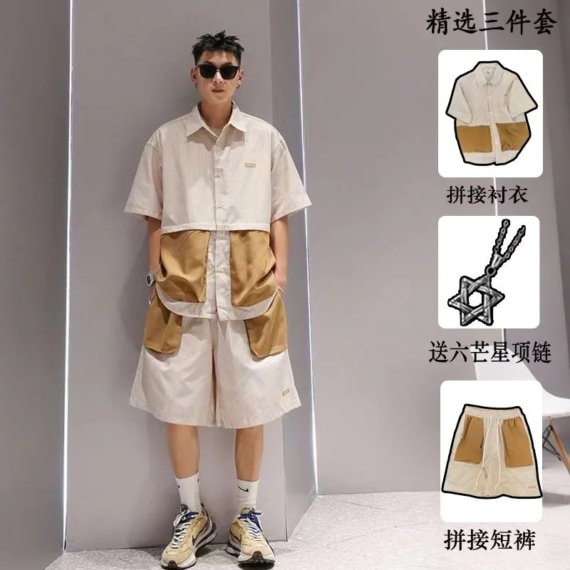 

Striped Contrast Set for Men Summer Turn-down Collar Short Sleeves Shirt with Loose High Waist Elastic Shorts Two-piece Set