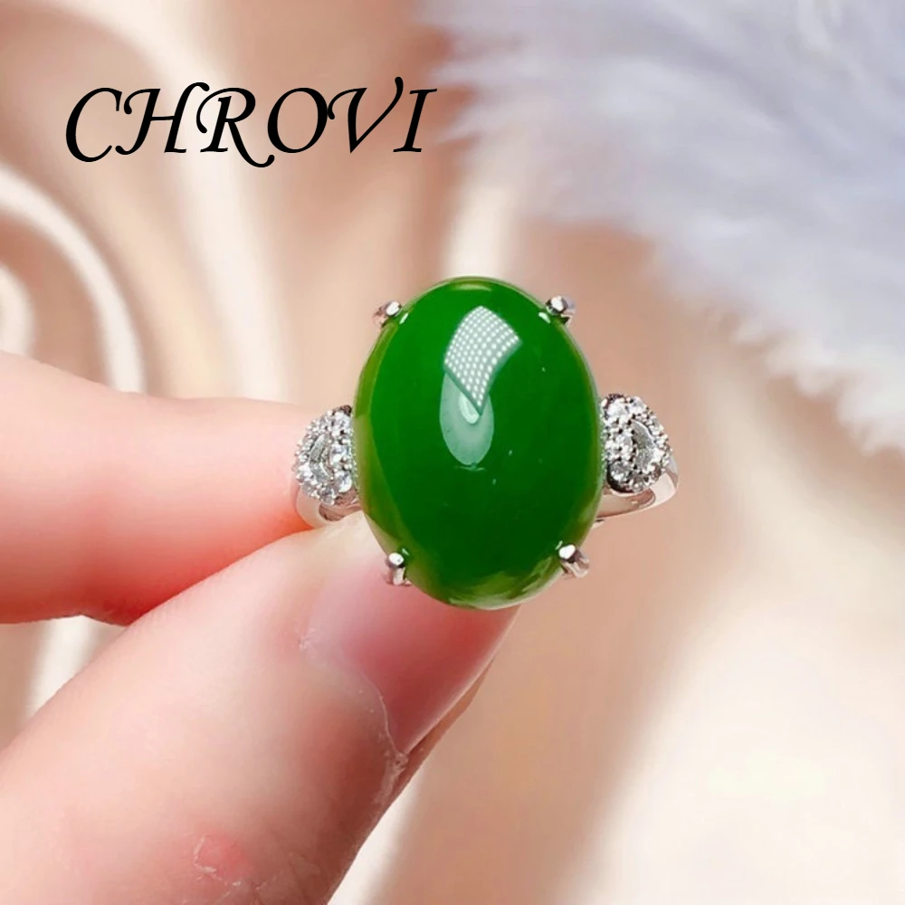 Luxurious 925 Sterling Silver Natural Jade Comparable to Jadeite Open-Ended Ring for Women. Retro Finger Ring Accessory