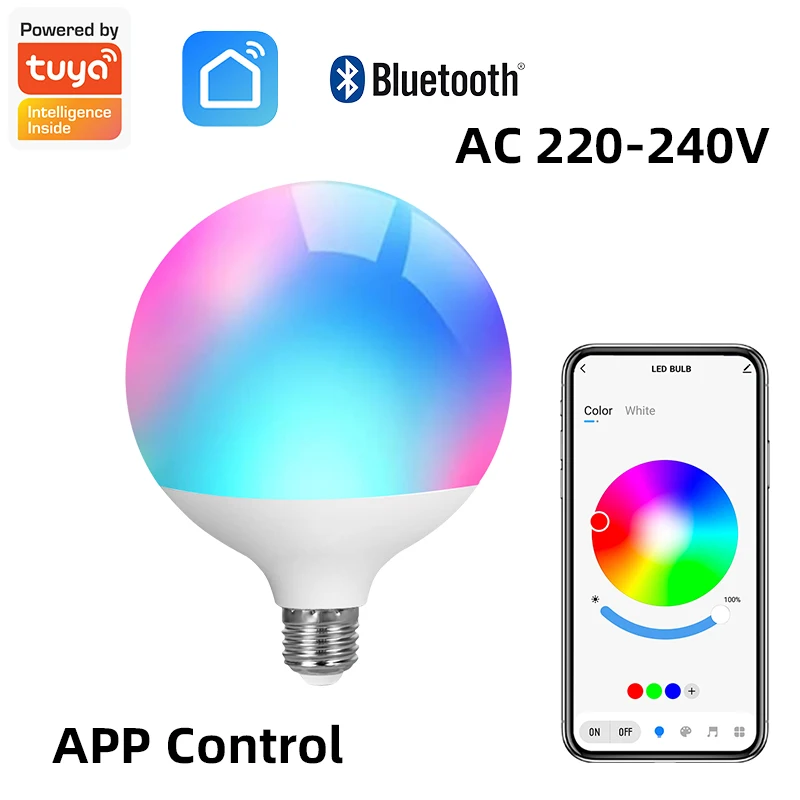 

220V Tuya Bluetooth LED Bulb Dimmable 10W E27 Base Round Bulb G80 RGBCW Color Change Lamps Smart Life APP Group Control Timing