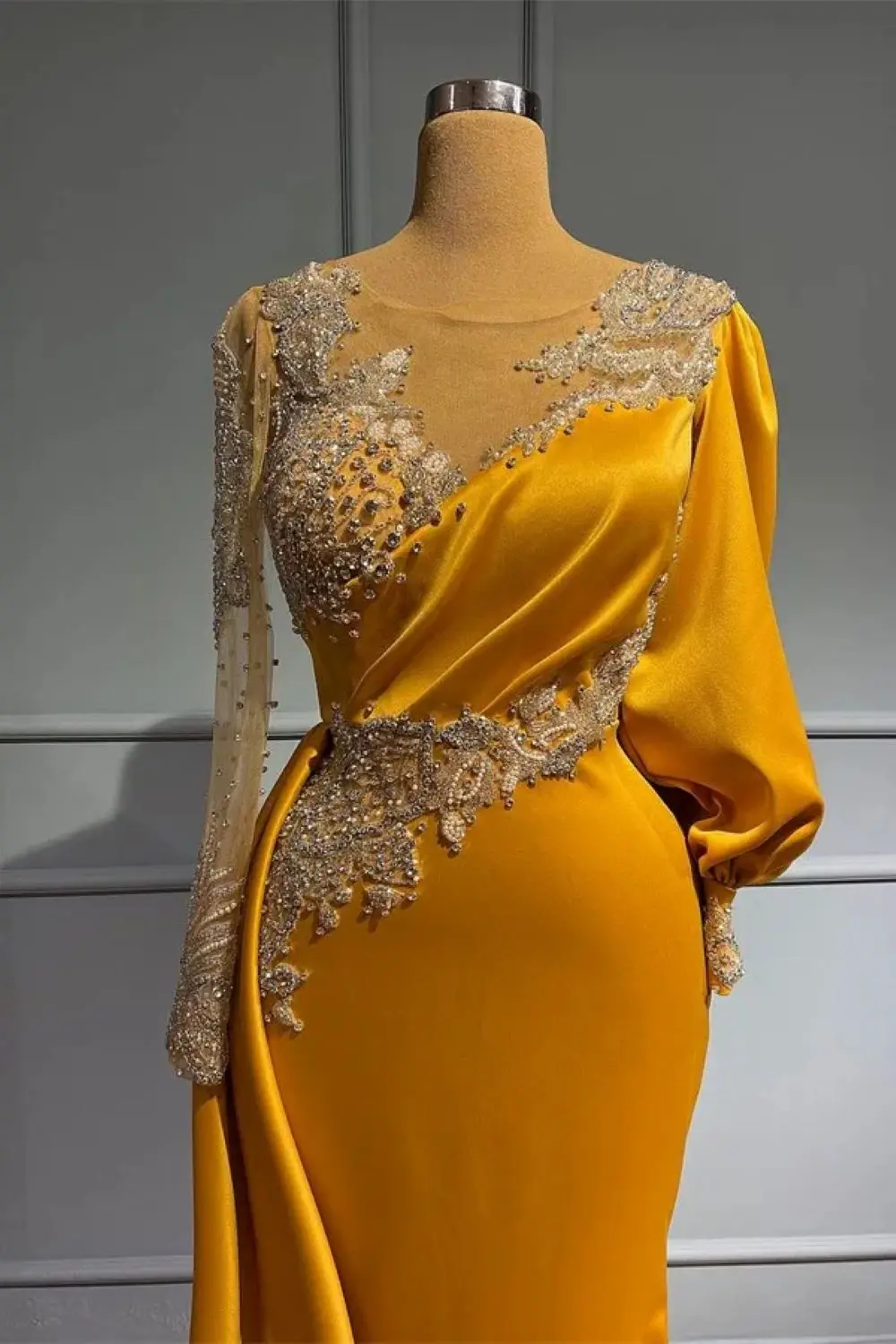 見事なジュエルマーメイドプロムドレス長袖イブニングドレスビーズクリスタル特別な機会のマザードレスカスタマイズ