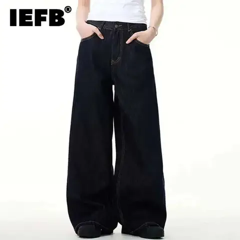 IEFB Simple Men's Denim Pants Vintage Washing Wide Leg Loose Jeans Casual Straight American Style Male Trousers New 2025 9W190