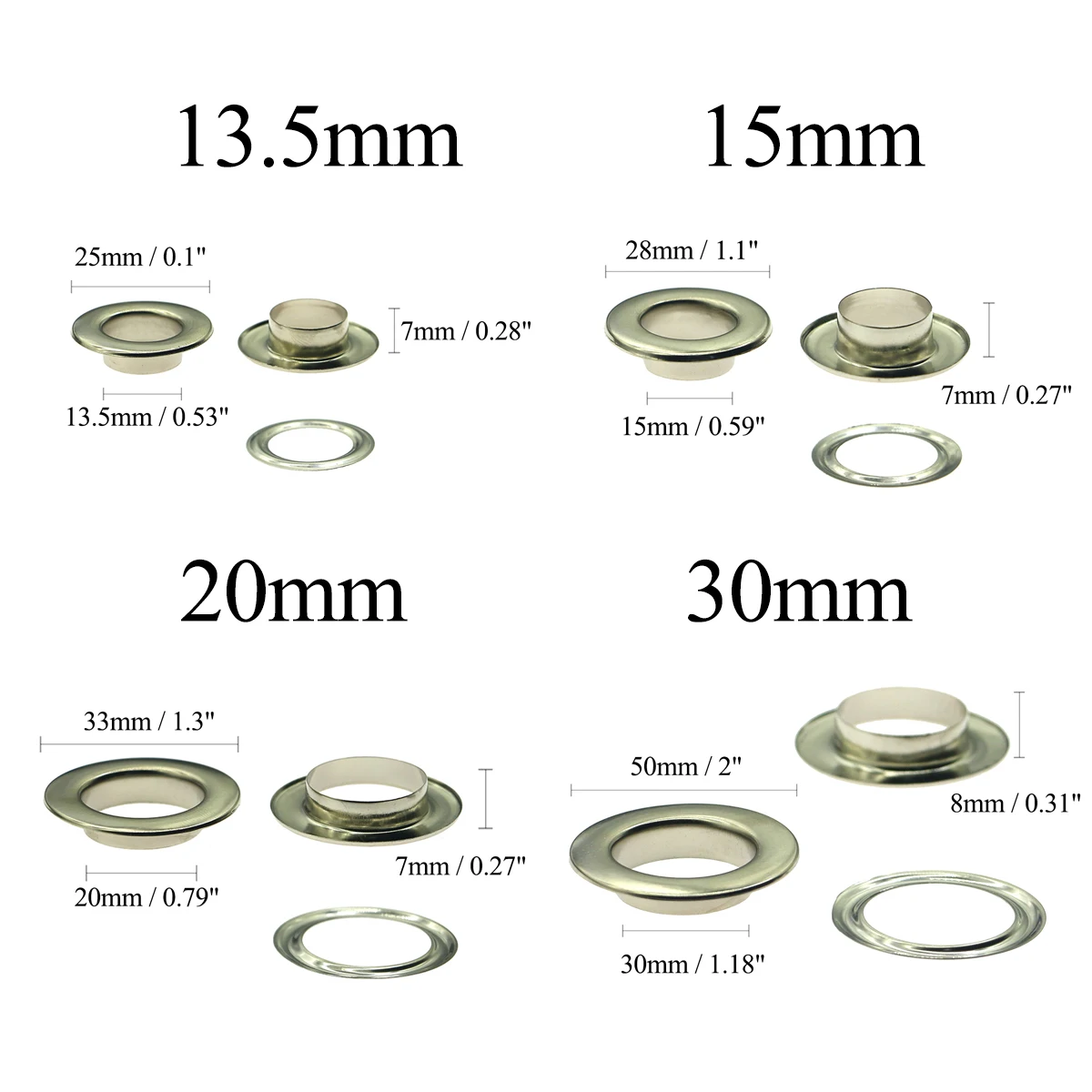 Occhielli per aereo d\'argento a scatto, pressa per diametro interno per occhielli, occhielli, metallo per vestiti, 3 4 5 6 7.3 10 12 13.515 20 30mm