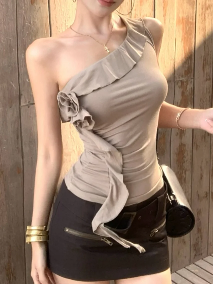 الغريبة كيتي الكاكي المرأة الأزهار تانك القمم الصيف أكمام الكشكشة 2025 شارع العليا شيك جديد عادية نحيل لطيف مثير كاميس