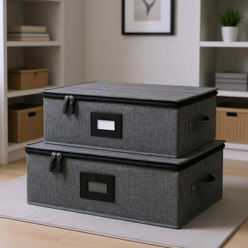 

Cup and Mug Storage Box 2Pack, Storage Containers for 12 Tea Cups or Coffee Mugs with Zipper Lid and Rivet Reinforced Handles, H