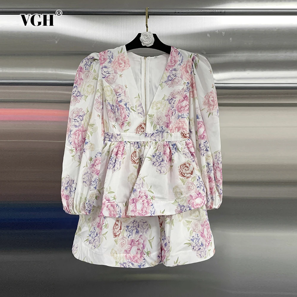

VGH Colorblock Printed Short Dress for Women V Neck Long Sleeve High Waist Spliced Ruffles Dresses Female Spring Fashion Style