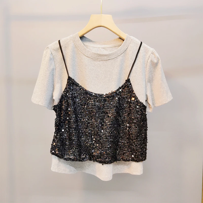 الترتر المرقعة وهمية قطعتين قصيرة الأكمام الترتر تي شيرت الجمالية Camisetas الجرافيك تي شيرت المتضخم تيز Y2k القمم