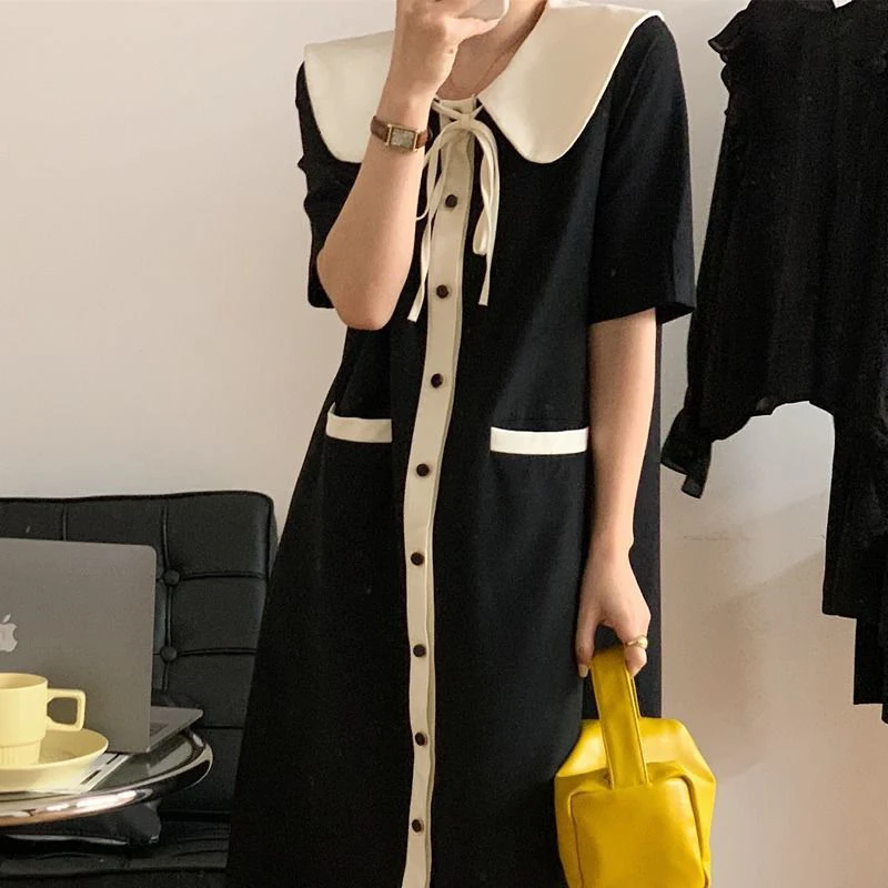 

plus Size 300 Pou Bla Doll Collar ort Sve Midi Dr Women's Summer Slim A-Line Skirt Casual Sle Pure Color Dr