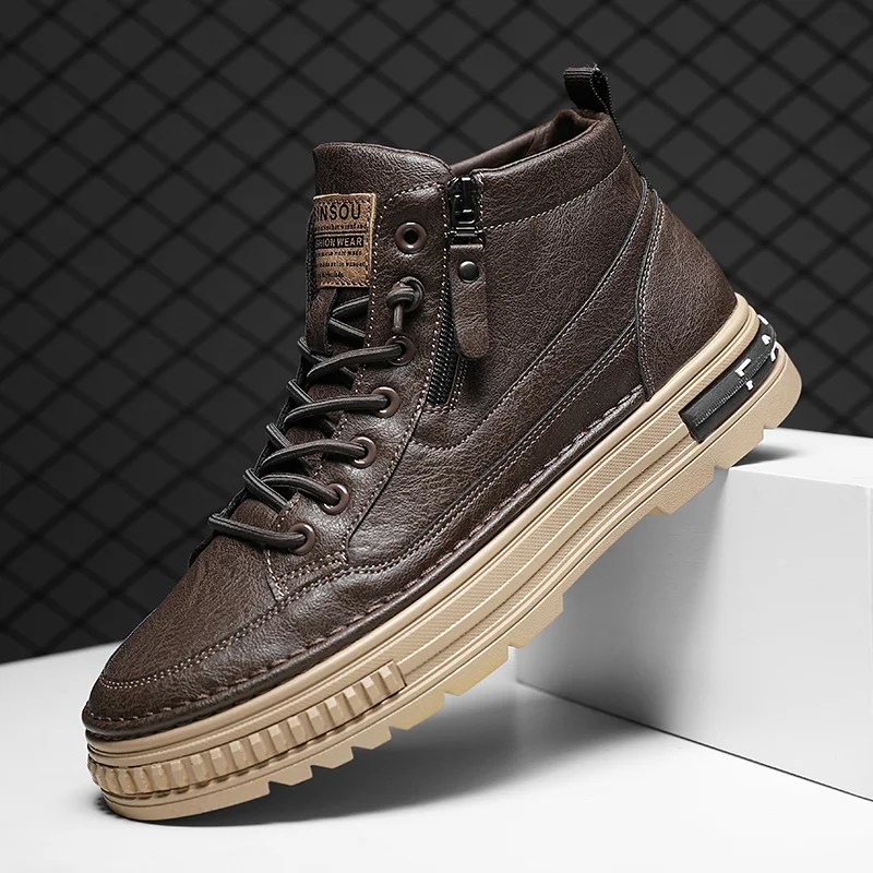 

High-top Sneakers, Men's Fashionable Trendy Canvas Shoes, Anti-slip and Durable Thick-soled Zipper Casual Shoes