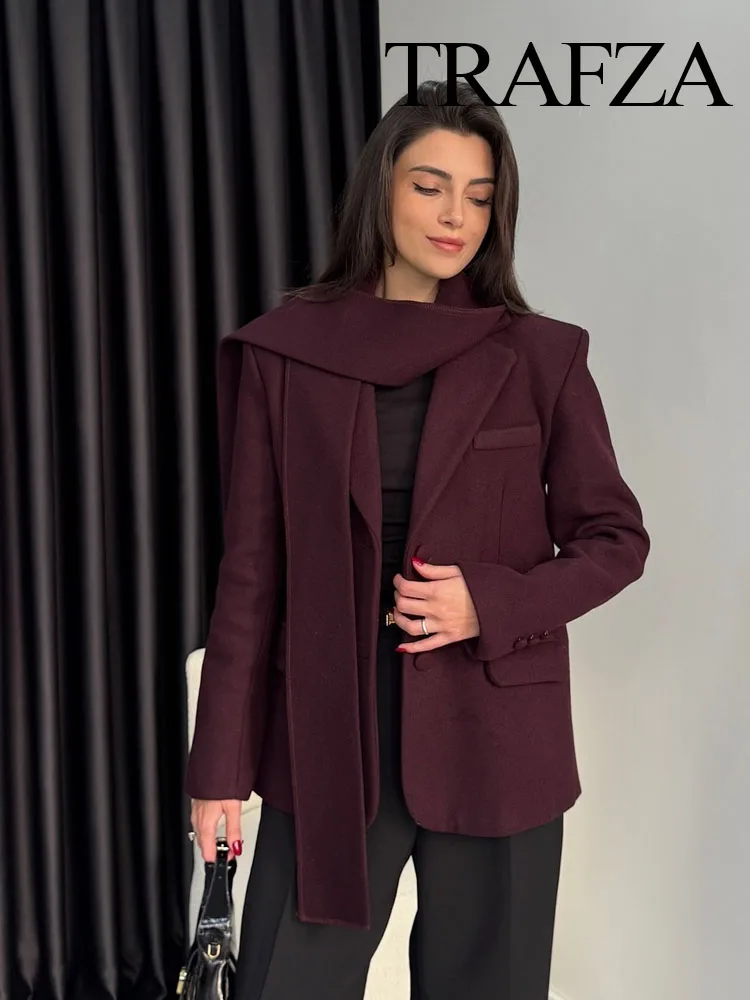 TRAFZA Women Winter Scarf Collar Blazer Coat Single-breasted Pocket Long Sleeve Loose Jacket Coat Woman Elegant Lapel Outwear