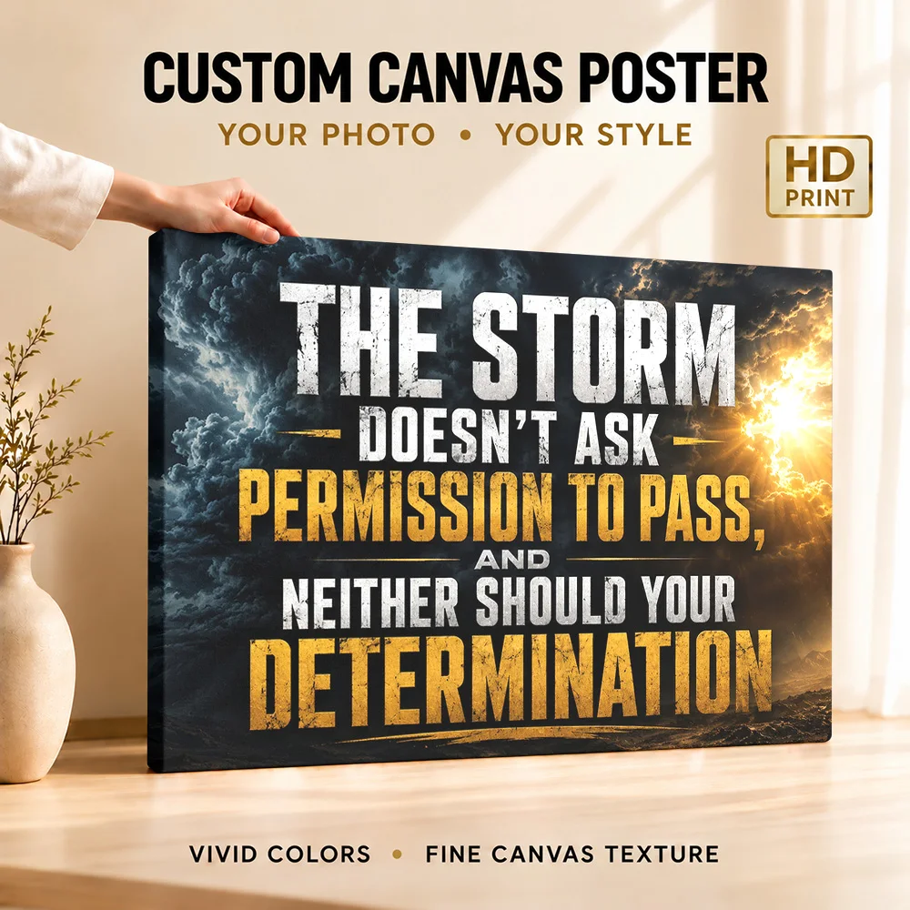 Storm Determination Quote Wood Framed Canvas Poster Customized Photo, Bold Inspirational Typography Wall Art For Home Office