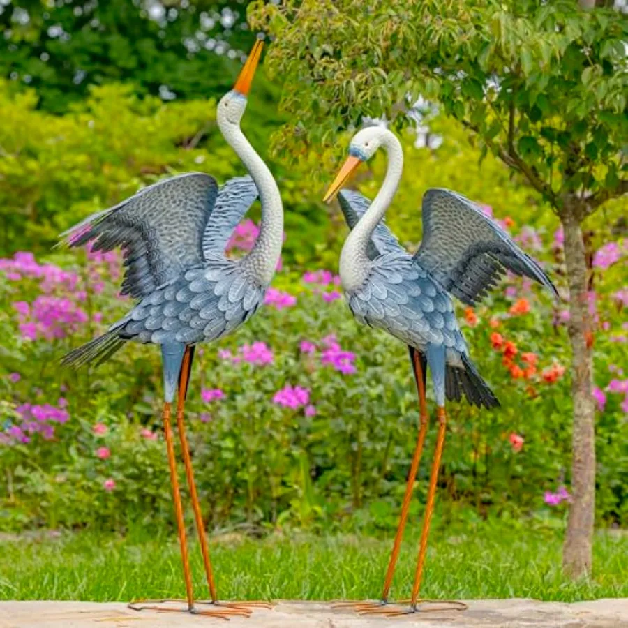 Juego de 2 Figuras de Garzas Blancas de 51 cm de Altura con Cuello Blanco y Alas Extendidas, Color Azul Grisáceo, para Jardín