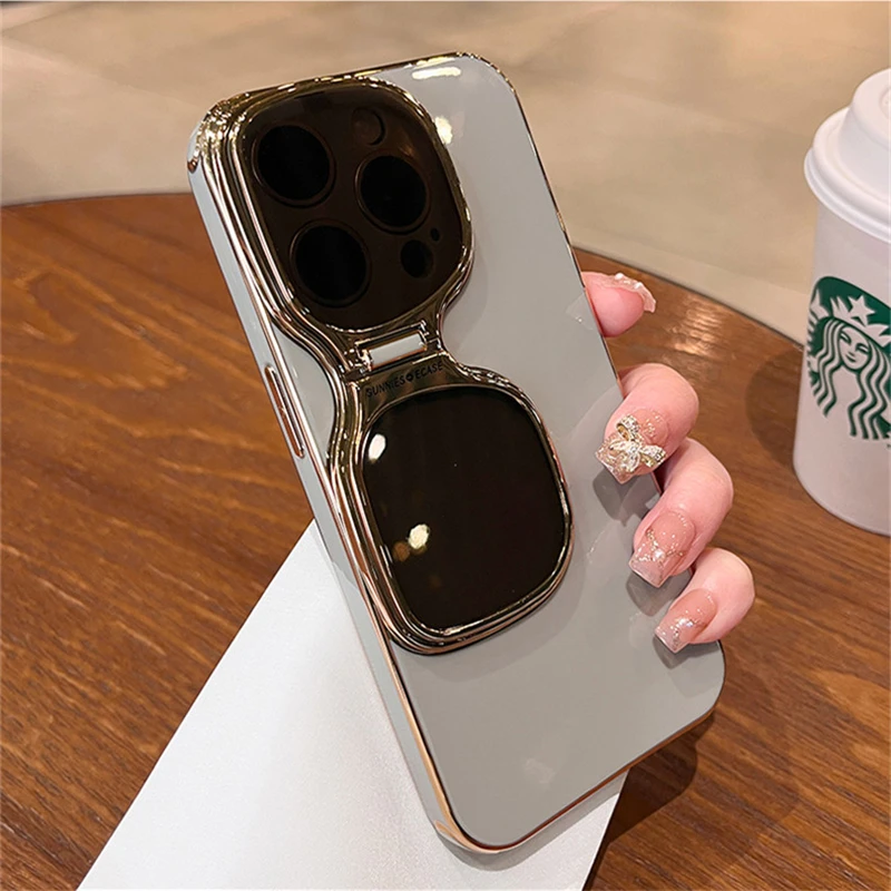 Plating Sunglasses Bracket Stand Case For iPhone 15 Pro Max 14 13 12 Silicone Shockproof Folding Camera Protection Holder Cover