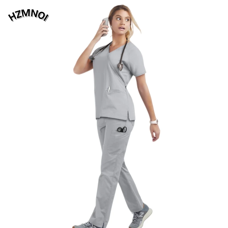 Bath, SPA V-neck Short Sleeved Workwear, Pet Hospital Nurse Comfortable Hand Washing Clothes Lace Up Top Waist Cinching Suit Set
