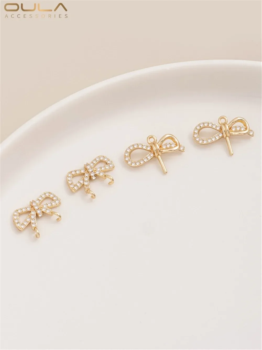 

14K Gold-Color Plated Inlaid Zircon Bow Pendant Crystal Pearl Bracket Diy Chain Earrings Double Pendant