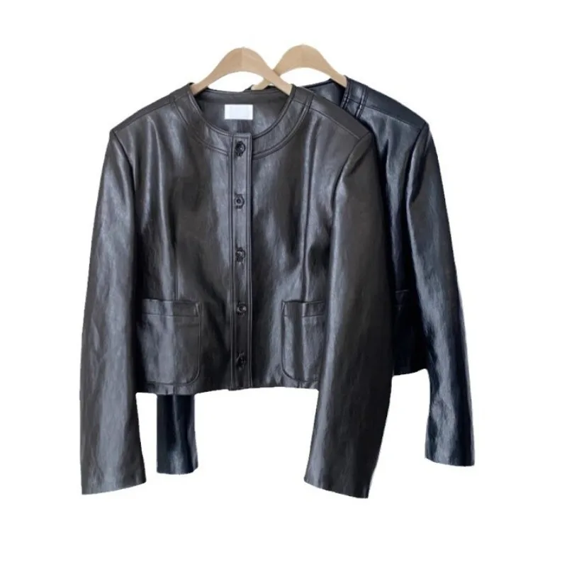 Moda outono jaqueta de couro marrom em torno do pescoço mangas compridas único breasted projetos jaqueta feminina preto couro do plutônio casaco emendado