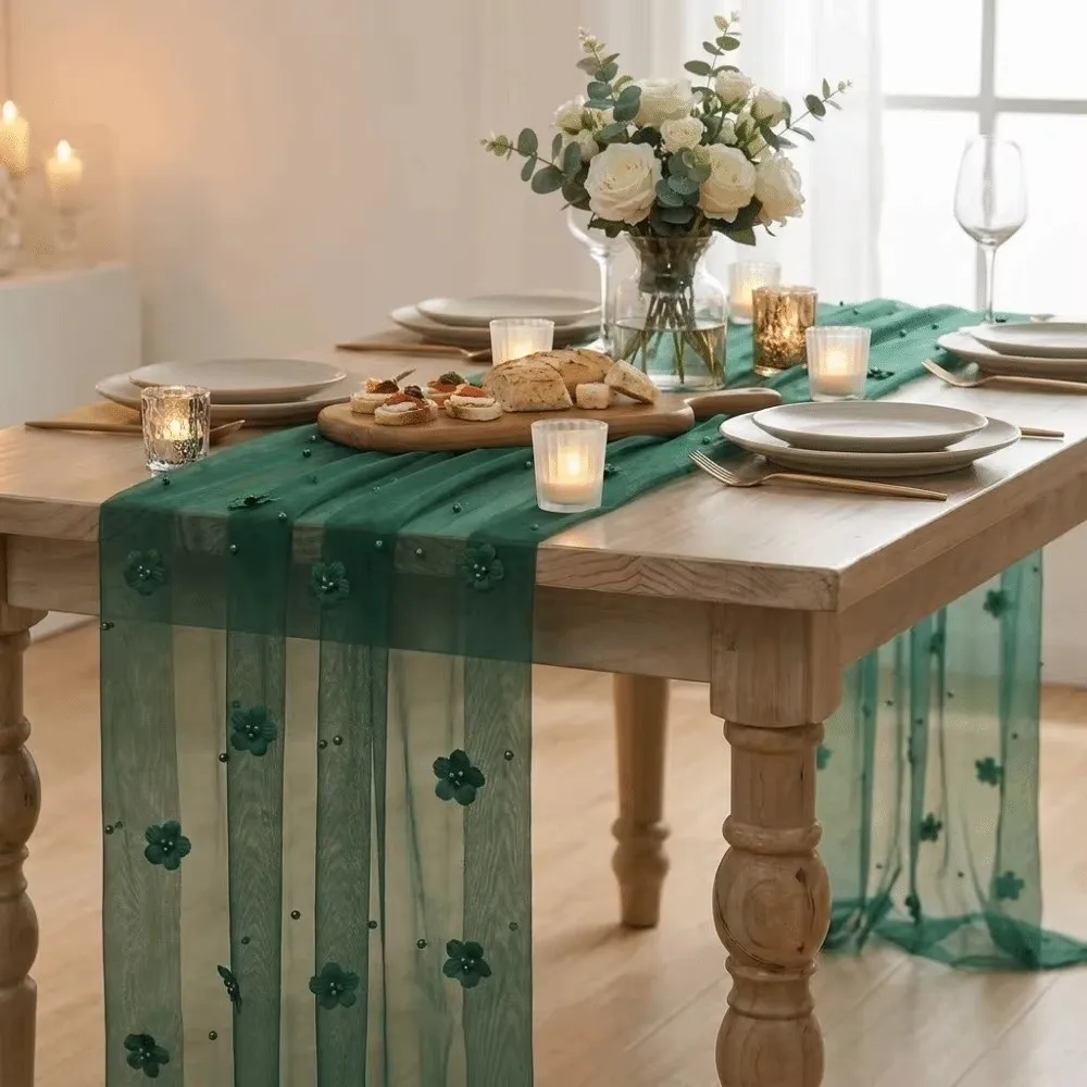 75*300CM Tulle Table Runner Polyester Romantic Lace Table Runner Elegant Semi-Transparent Floral Table Runner