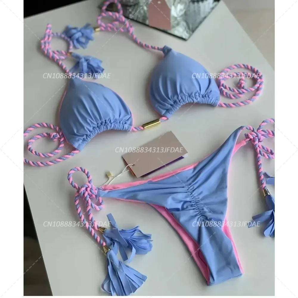 Mehrfarbiger sexy Badeanzug für Damen, Bikini, rückenfrei, Seil, Dreieck-Badeanzug, doppelseitige Stoffnähte, reine handgewebte Seil-Bikinis