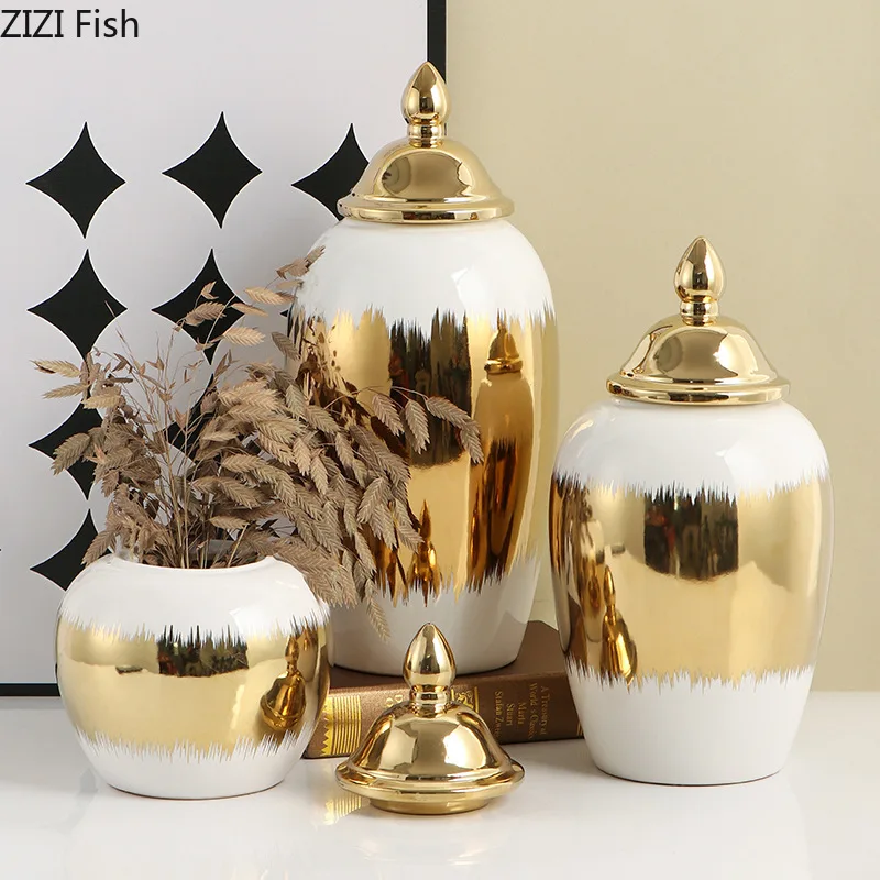 

Luxury Gold-plated Ceramic General Tank Storage Jar Desktop Flower Arrangement Decorative Vases Jewelry Jars Cosmetic Containers