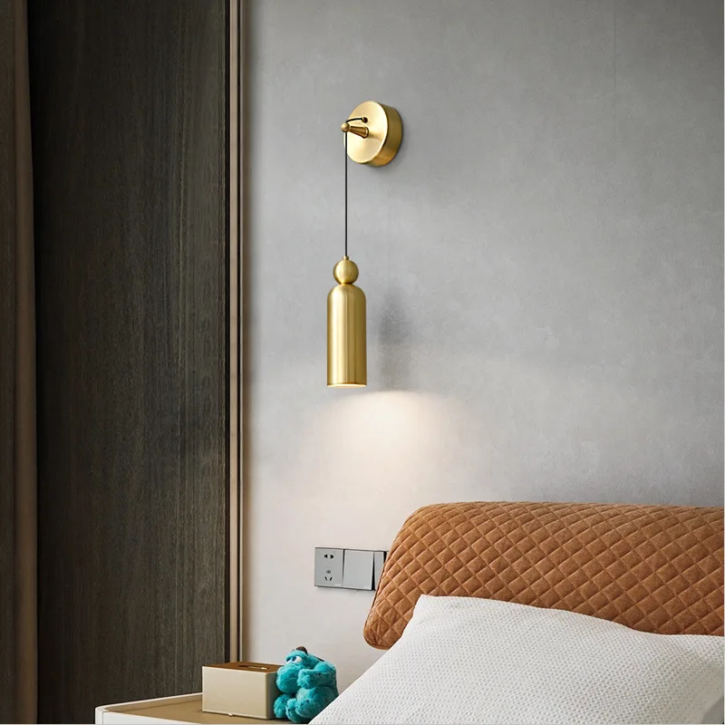 Nordic Long Column LED Restaurant Bedroom Single Head Copper Home Wall Light Restaurant Bar Counter Gold Plated Wall Light