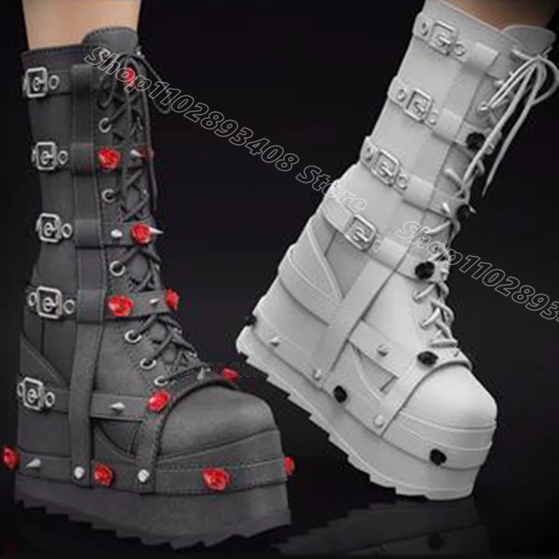 

Black Flower Decor Wedges Heels Boots Round Toe Punk Style Lace up Party Casual Women Fall Over Knee Boots Zapatos Para Mujere