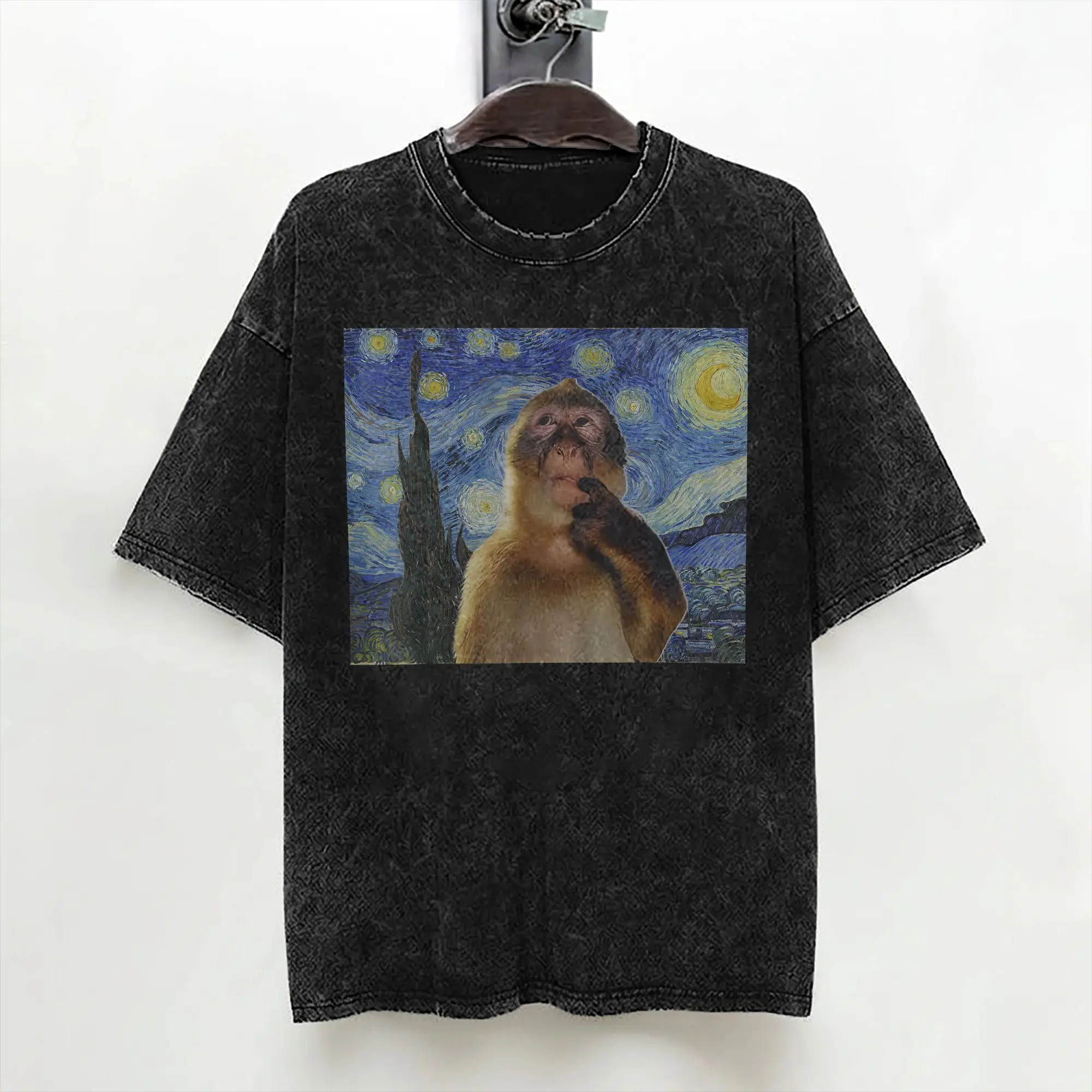 Monkey Thinking Funny Starry Night Monkey Meme T Shirts Washed 100% Cotton T-Shirts Men Women Streetwear Summer Tee Shirt