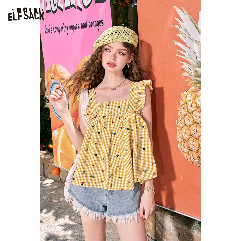 

ELFSACK 2024 summer new arrival French flying sleeves green pastoral style floral suspenders sleeveless temperament chiffon shir