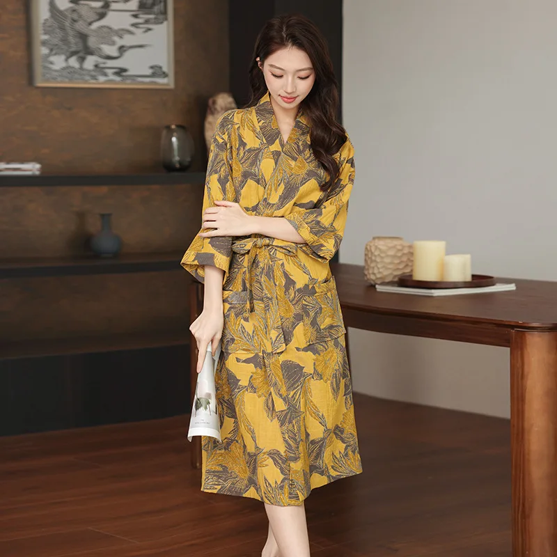 Print Flower Cotton Gauze Kimono Bathrobe Gown Female Robe Negligee Loose Home Dressing Gown Sleepwear Spring Summer Nightwear
