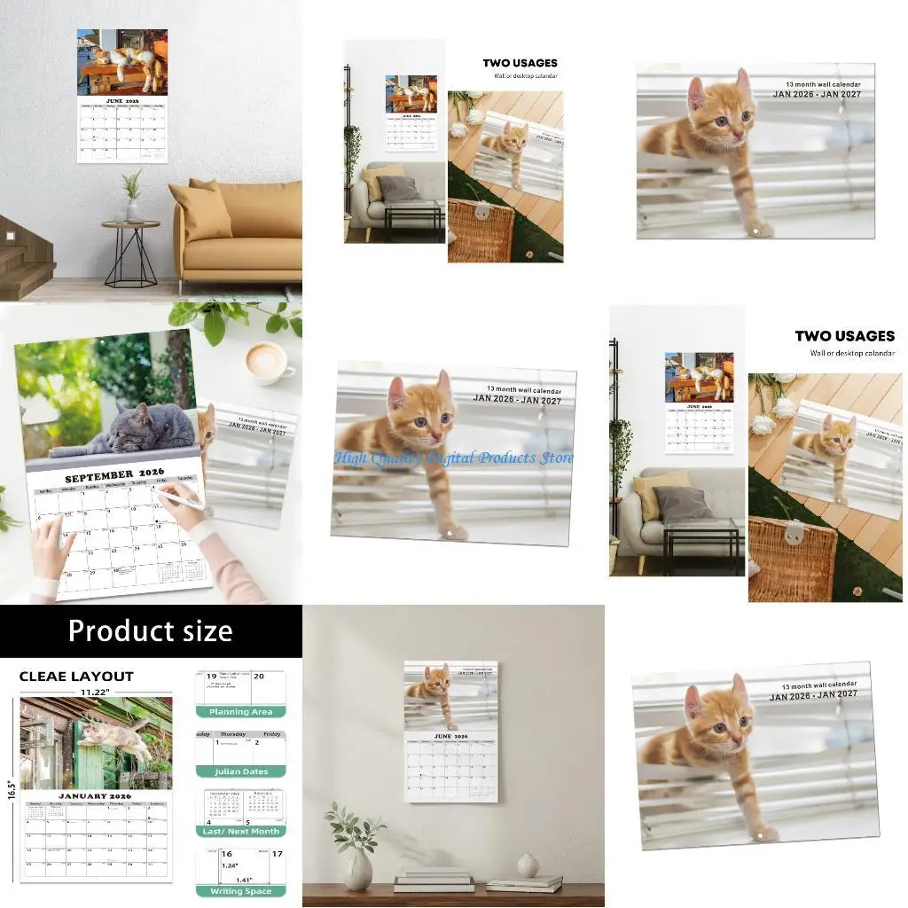 

U2JE Календарь с иллюстрациями кошек на 2026 год. Экологически безопасная бумага. Улучшает видимость дат. Экономия места. Дизайн