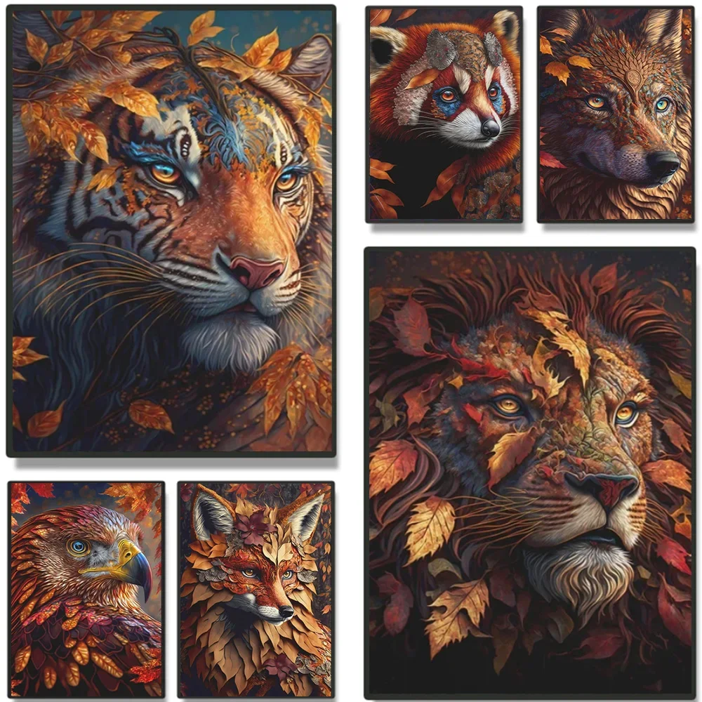 

Golden Luxury Fantasy Animal Art Posters Painting Autumn Leaves Collection Tiger Lion Fox Canvas Print Modern Bedroom Home Decor