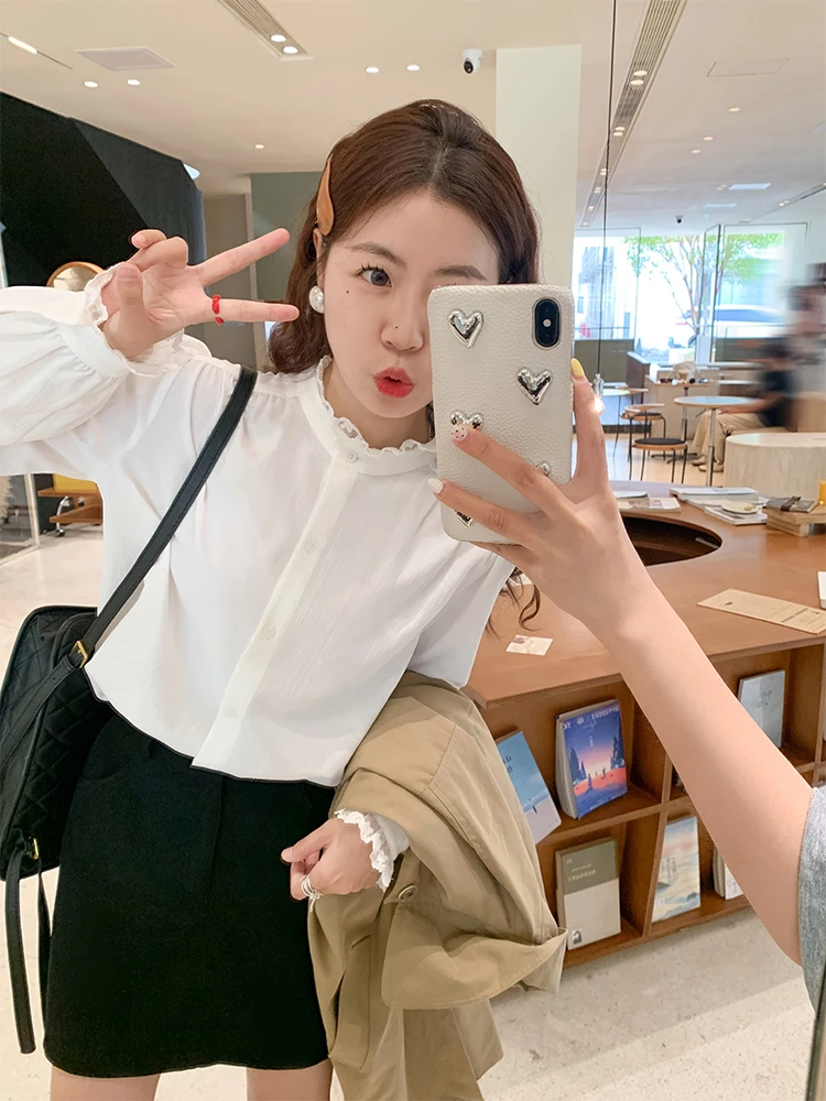 

Zeng Xiao Salt Design Lace Trim Stand Collar White irt Women Early Autumn Sweet Sle Slimming Clothes Korean Version Strai...