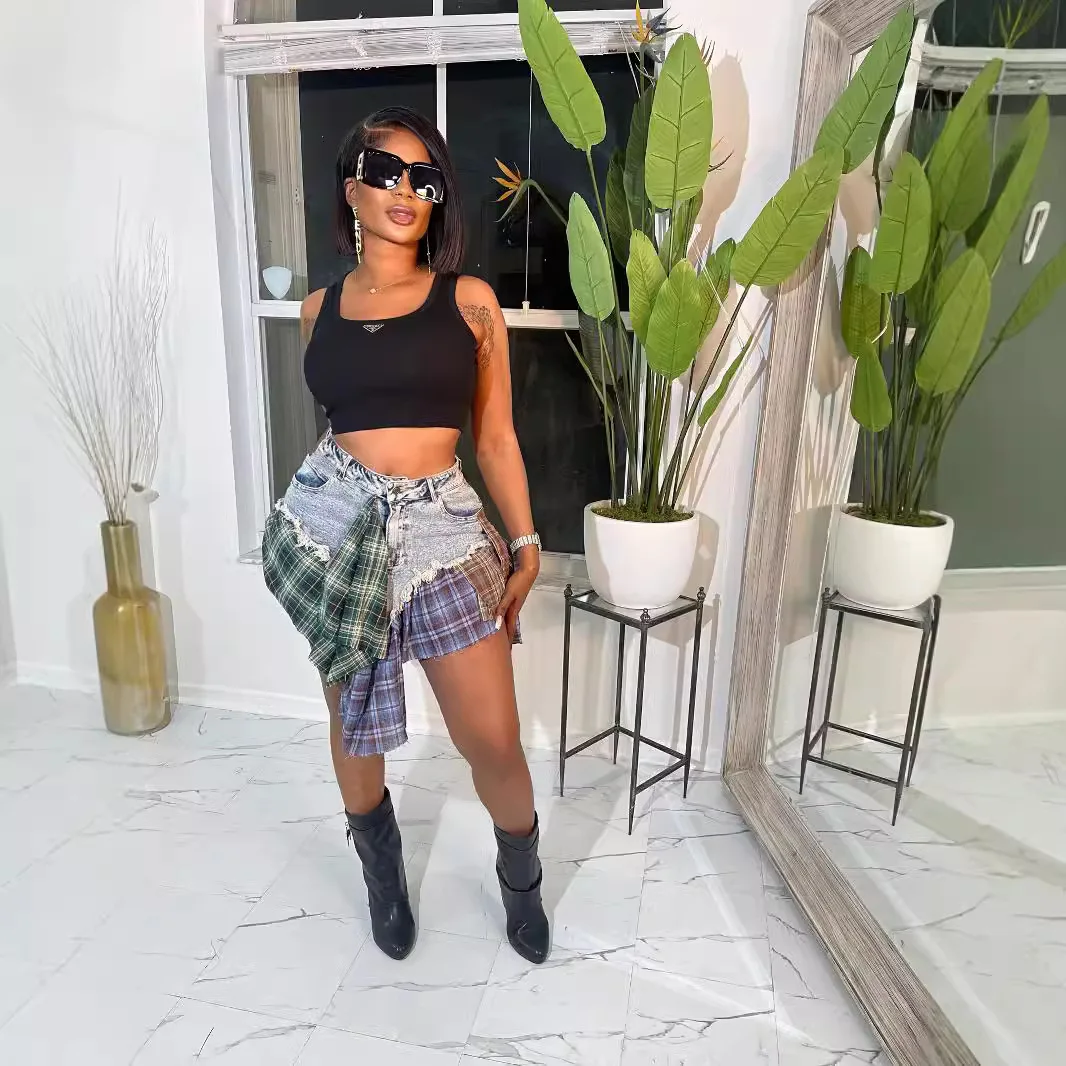 

Новая женская модная сексуальная нерегулярная клетчатая лоскутная джинсовая короткая юбка, винтажная джинсовая полуюбка