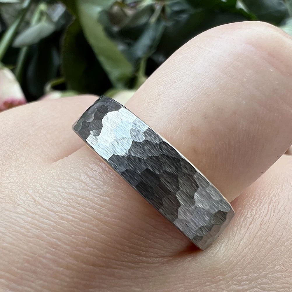 6mm Wolfram karbid ring vielfältig gehämmert für Männer Frauen Verlobung Ehering gebürstet fertig Komfort Passform – Detail 15