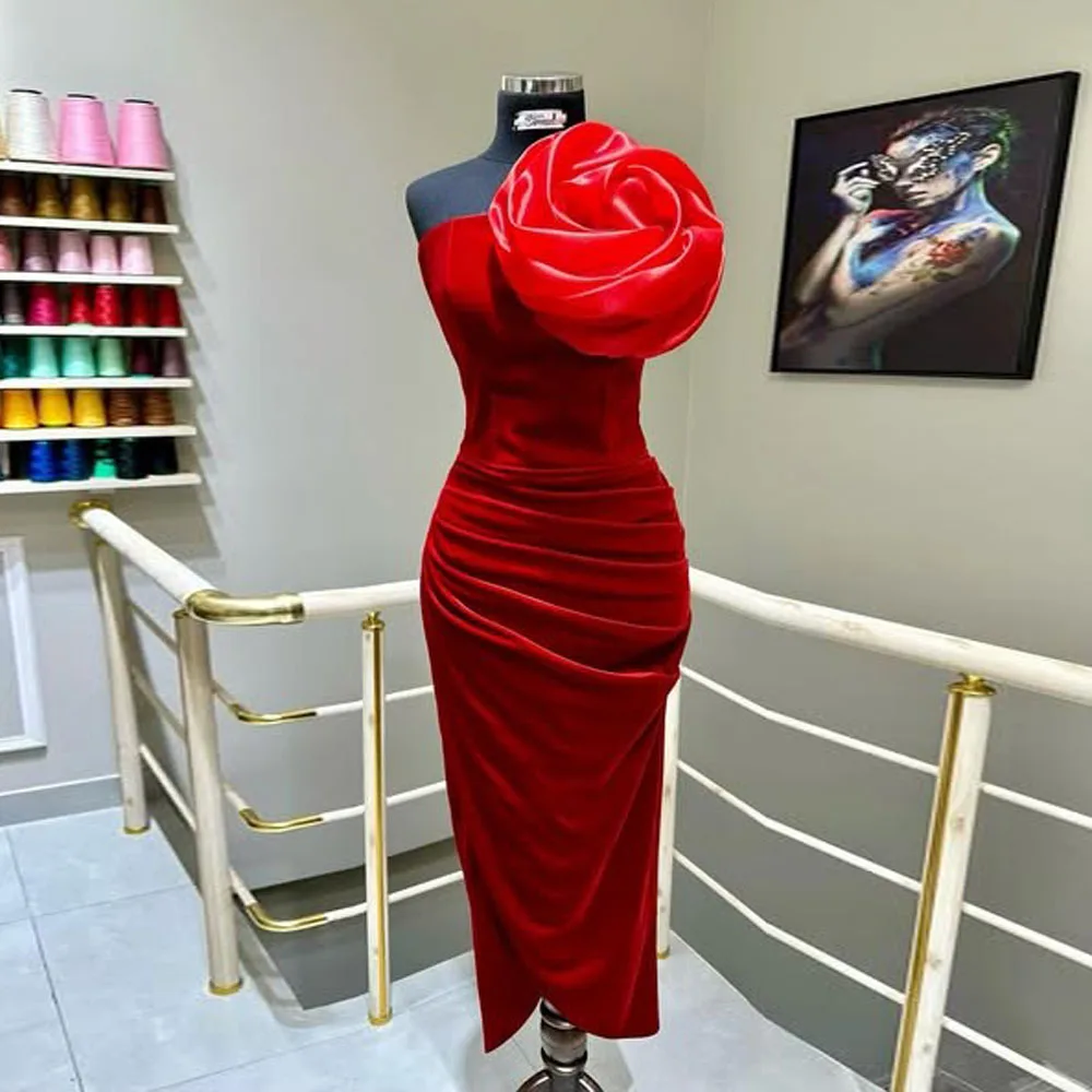 Elegant Red Velevt Mid Calf Women Formal Dresses With Handmade Flower Strapless Split Sexy Party Dress