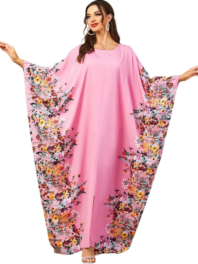 

Eid Muslim Party Dress for Women Ramadan Abaya Bat Sleeve Print Long Robe Morocco Kaftan Vestidos Largos Dubai Jalabiya 2025