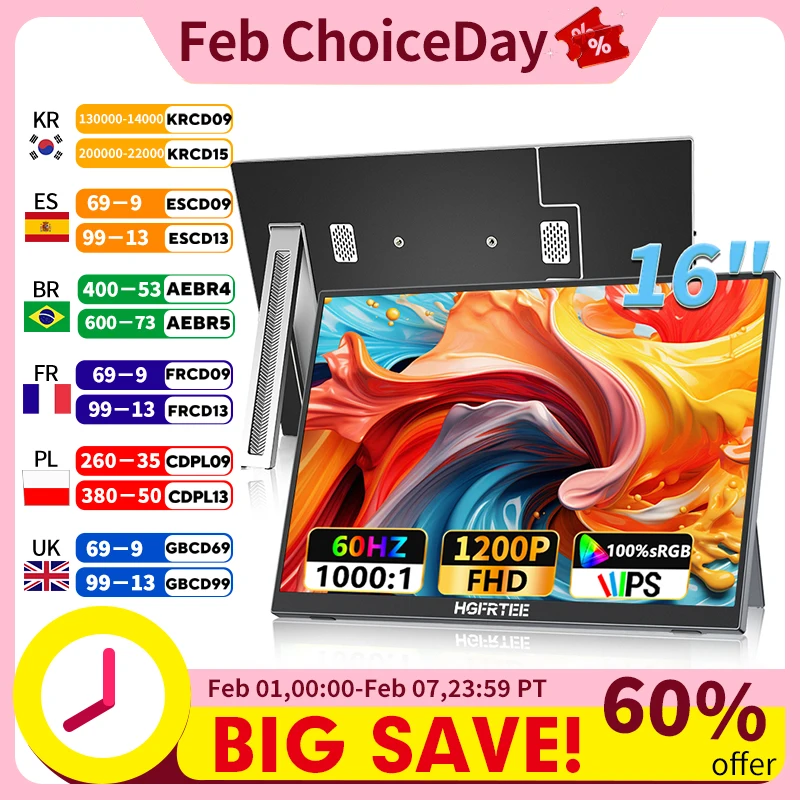 

HGFRTEE 16" Portable Monitor 100%SRGB 1200P FHP IPS for Laptop Mac Surface PC PS4/PS5 Xbox Built-in Speakers VESA Mountable