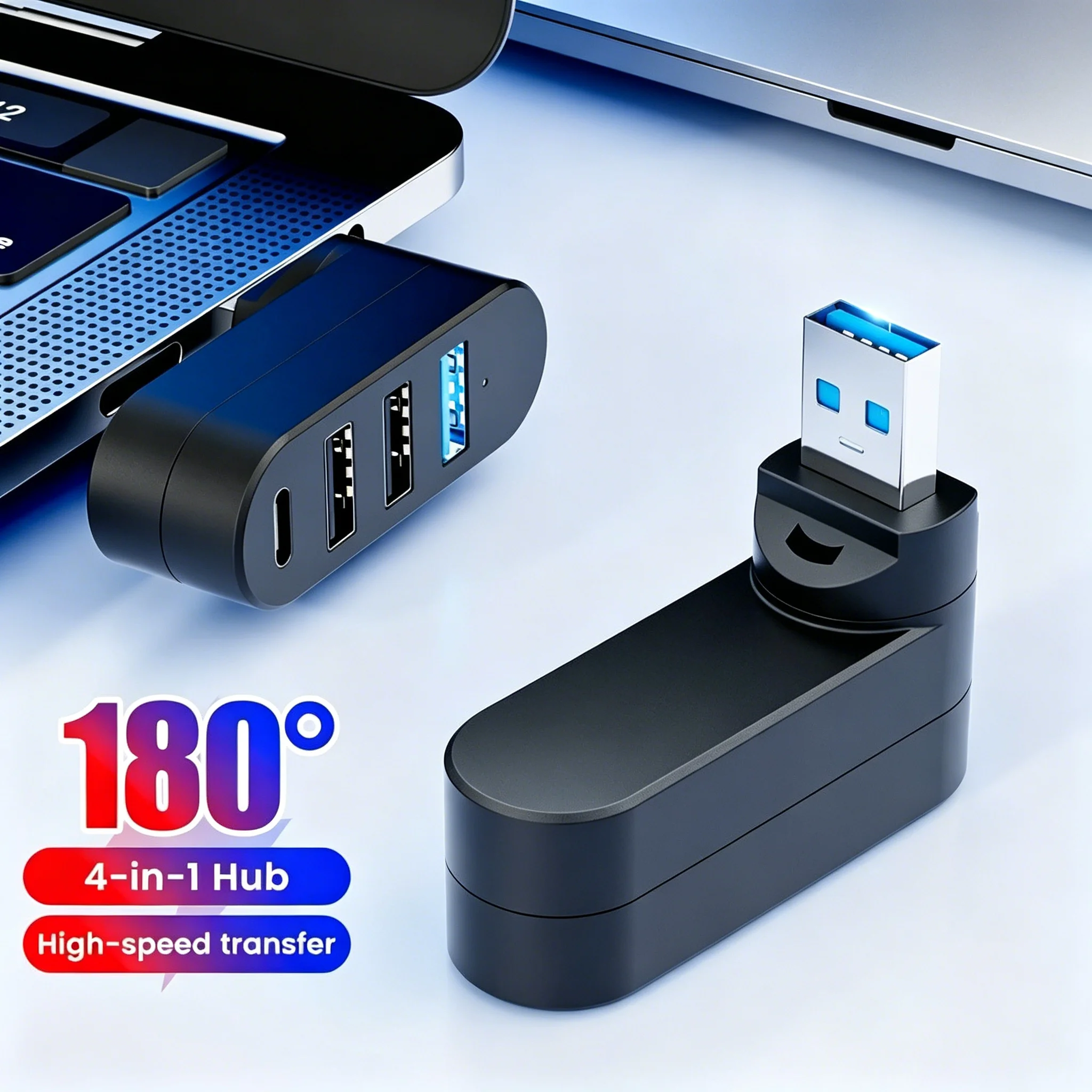 180 °   Hub USB 3.0 Mini Rotativo com 3/4 Portas Tipo C, Divisor de Alta Velocidade para Transferência de Dados, Dock para Notebook, MacBook, Desktop e Pen Drive
