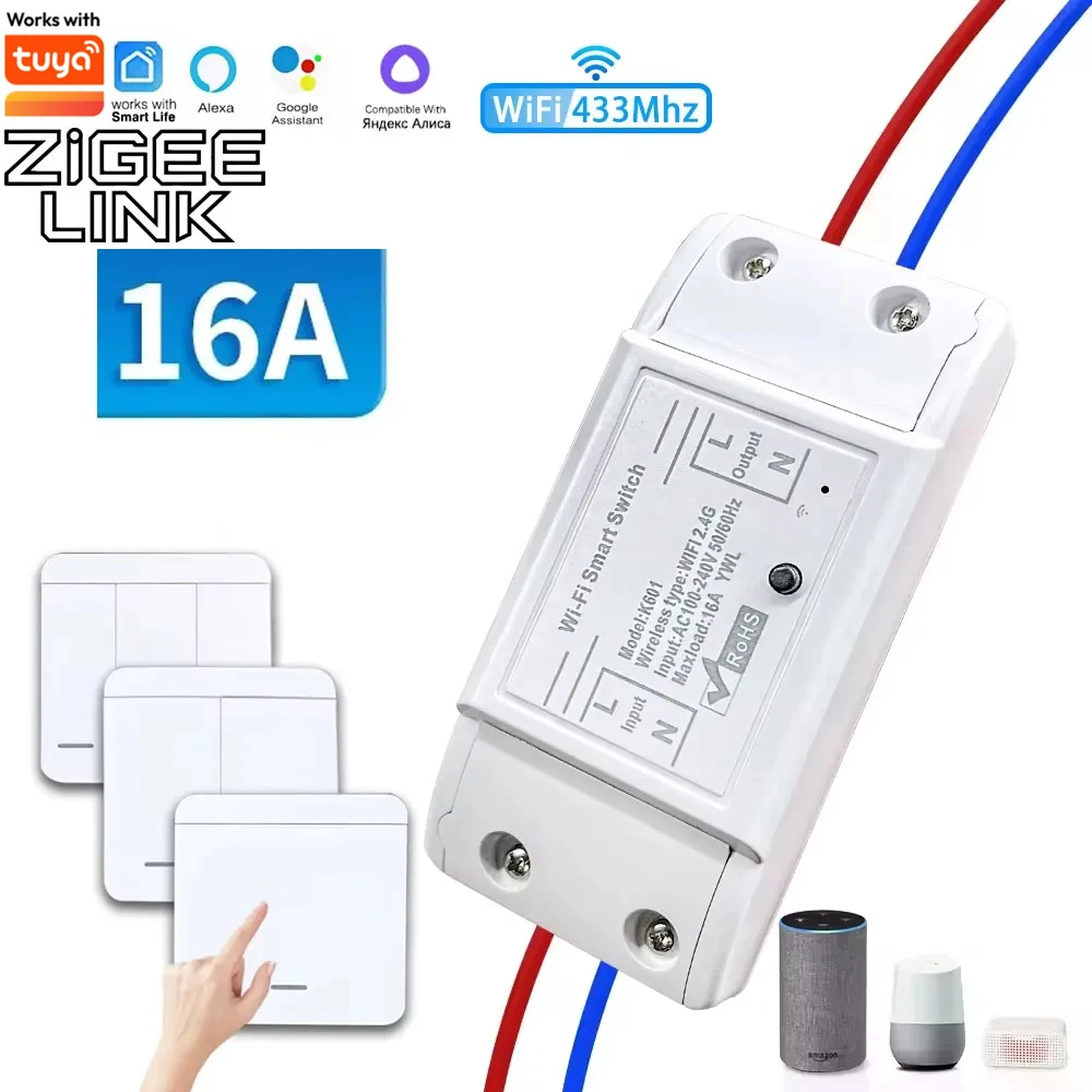 For Tuya Smart WiFi Light Switch RF 433MHz 1/2/3 Gang Wireless Wall Switch 16A Relay Voice App Control Alexa Google Home Smart