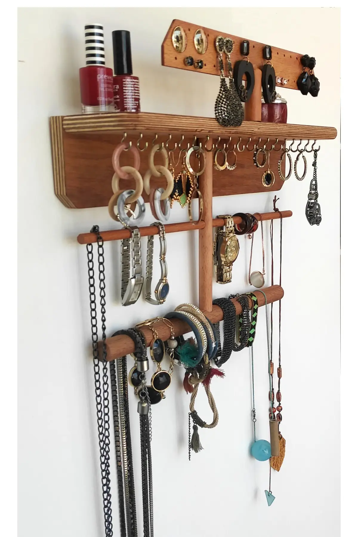 DecorativeMounted on Wall Hanging Jewelry Organizer with Rustic Wood Jewelry Holder for Display Necklaces Bracelet Earrings Ring