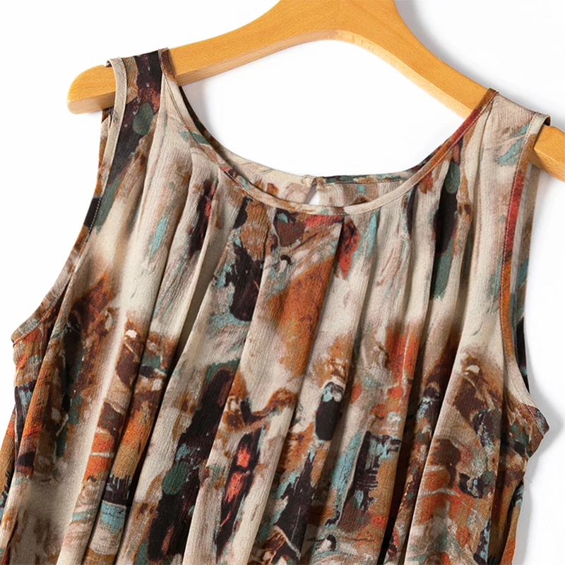 Women Silk Tank Dress 100% Mulberry Silk Loose Type Brown Art Printed Sleeveless A-Line Long Type Big Hemline Midi Dress M1314