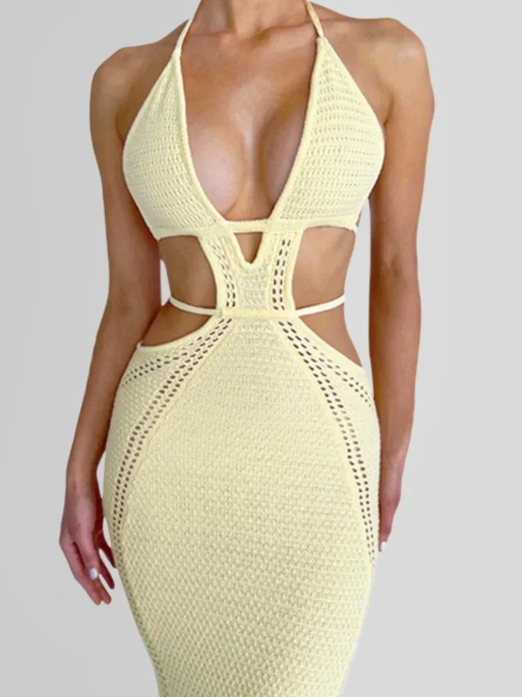 المرأة محبوك فستان طويل الرسن أكمام عارية الذراعين الجوف خارج Bodycon فستان الصيف مثير نادي فساتين الشاطئ