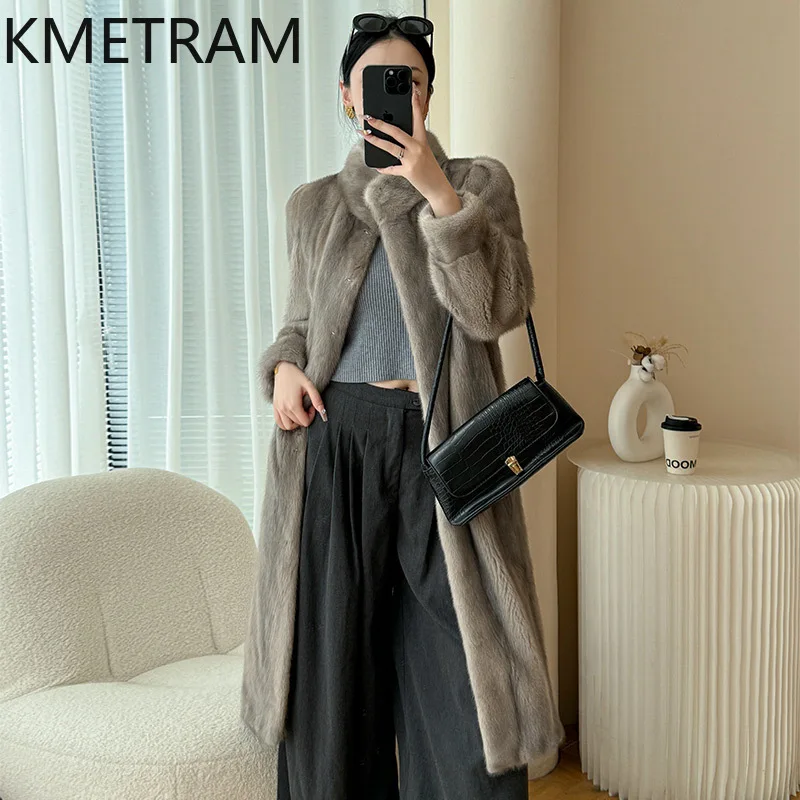 진짜 밍크 모피 코트 여성 고급 회색 롱 퍼 재킷 고품질 겨울 여성 의류 스탠드 칼라 퍼 재킷 2025 푸루르