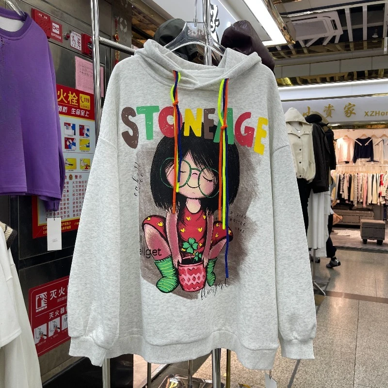 Unique Design Cartoon Print Hooded Coat Women's Fashion Streetwear Casual Versatile Loose Slimming Pullover Sweatshirt Jacket