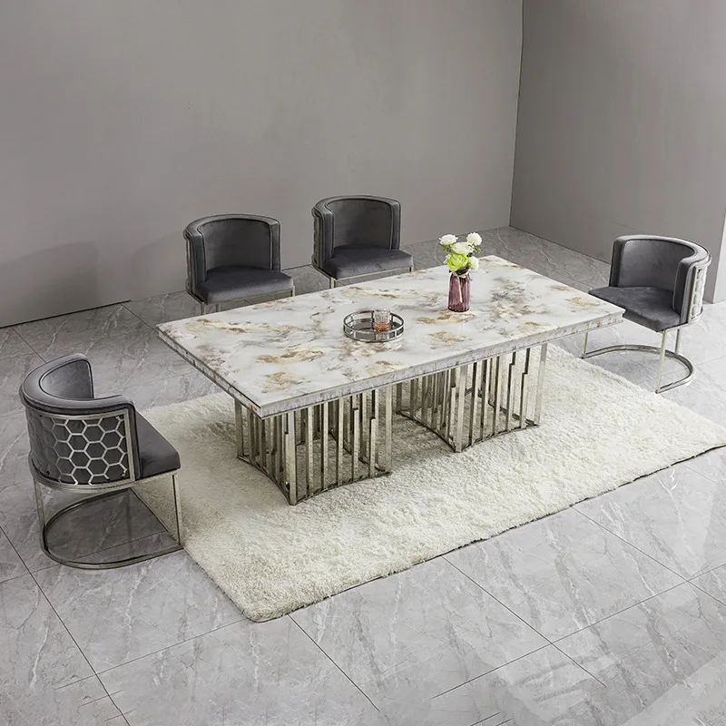 

Minimalist light luxury marble dining table Modern home rectangular stainless steel gold-plated western dining table