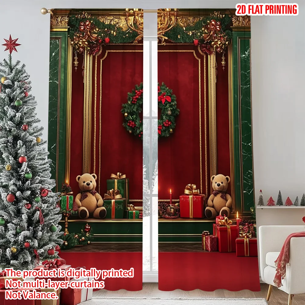 

2pcs 2D flat printing Merry Christmas Scene Curtains red Christmas Durable Polyester Without Electricity Holiday Decorations for