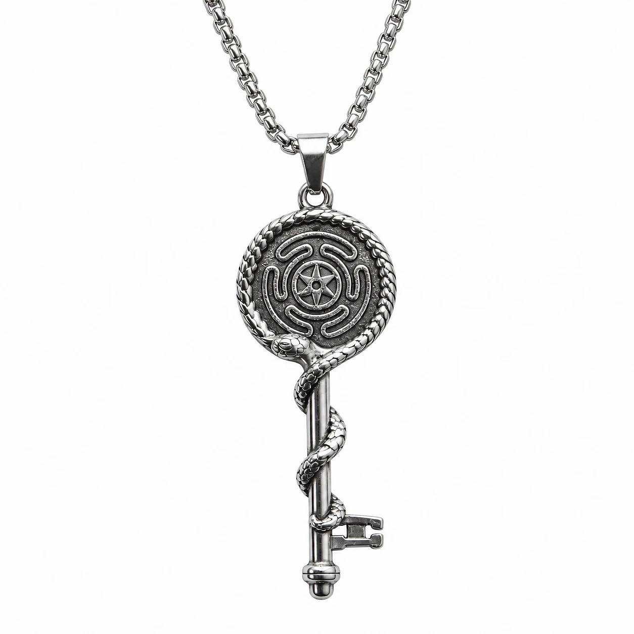 Vintage Snake Wrapped Key Pendant Necklace Hecate Wheel Gothic Occult Punk Box Chain Men Statement Jewelry