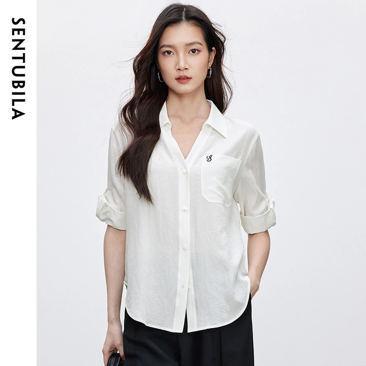 SENTUBILA نمط رسمي قميص نسائي 2025 الربيع الصيف ليوسيل التلبيب ثلاثة أرباع كم التطريز البلوزات الإناث 152C59034 #4