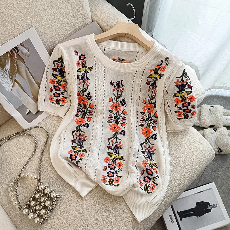 Hollow Out Pullover Embroidery Sweaters Women Sueter Mujer Vintage Tops Spring Summer Floral Knitted Jumper Sweater Shirts